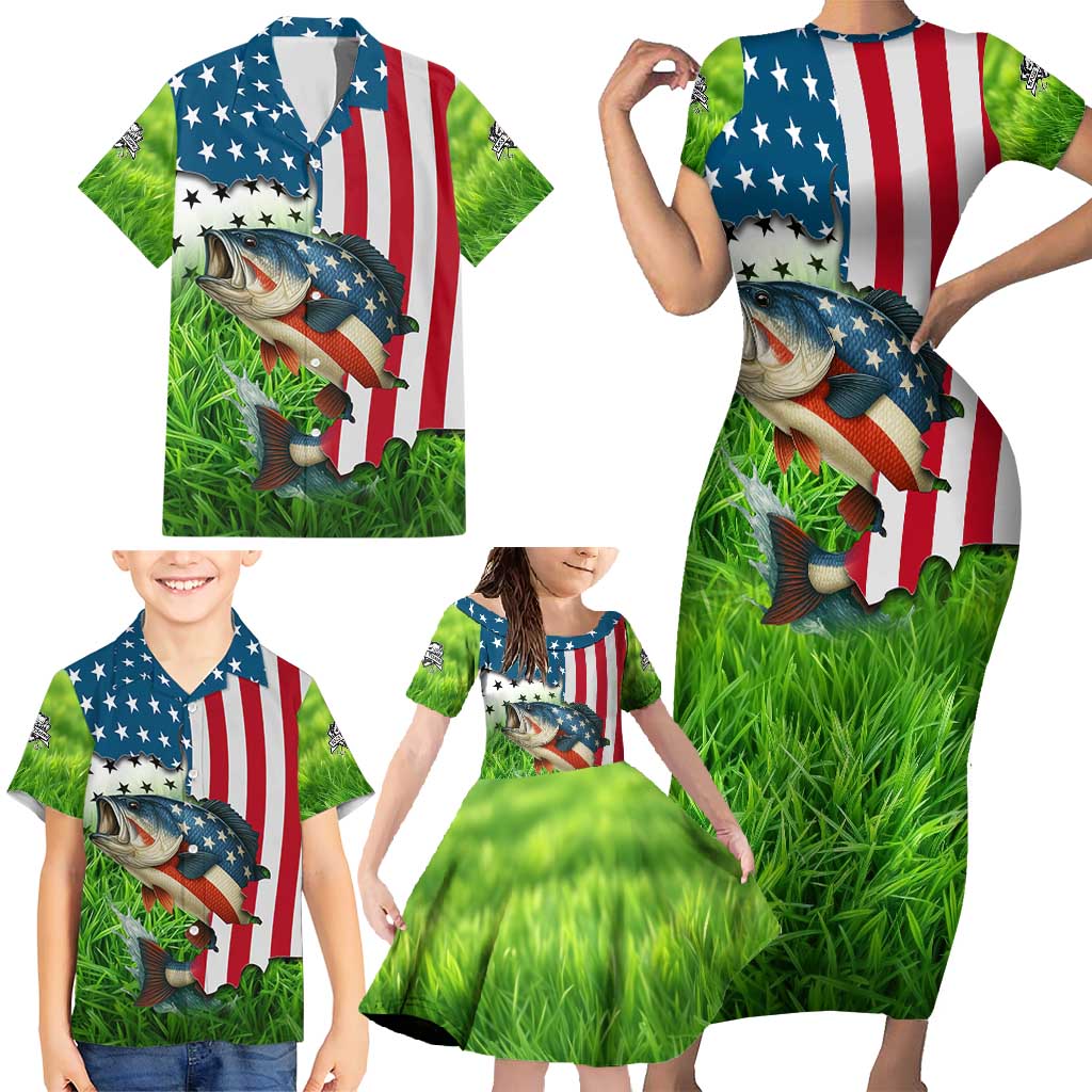 American Flag Bass Fishing Design Family Matching Short Sleeve Bodycon Dress and Hawaiian Shirt with Largemouth Bass and Green Grass Background - Wonder Print Shop