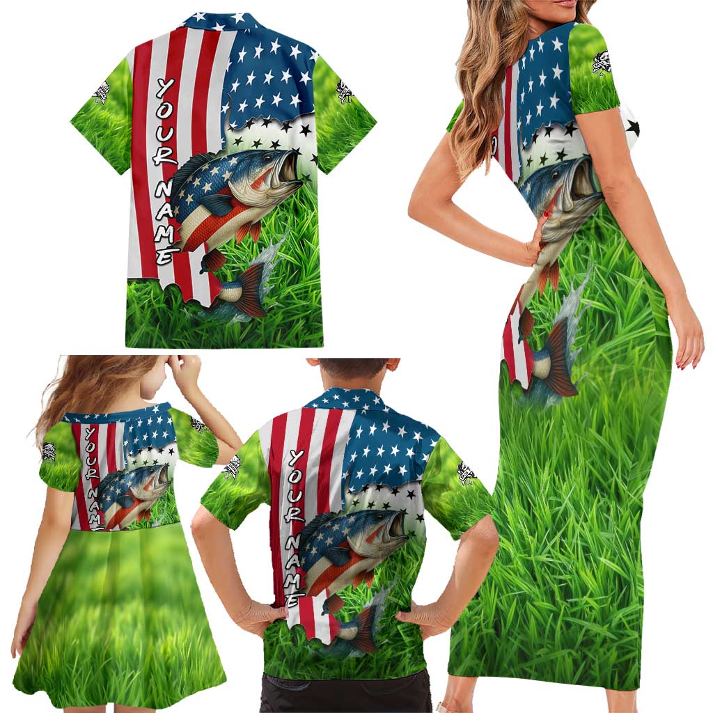 American Flag Bass Fishing Design Family Matching Short Sleeve Bodycon Dress and Hawaiian Shirt with Largemouth Bass and Green Grass Background - Wonder Print Shop