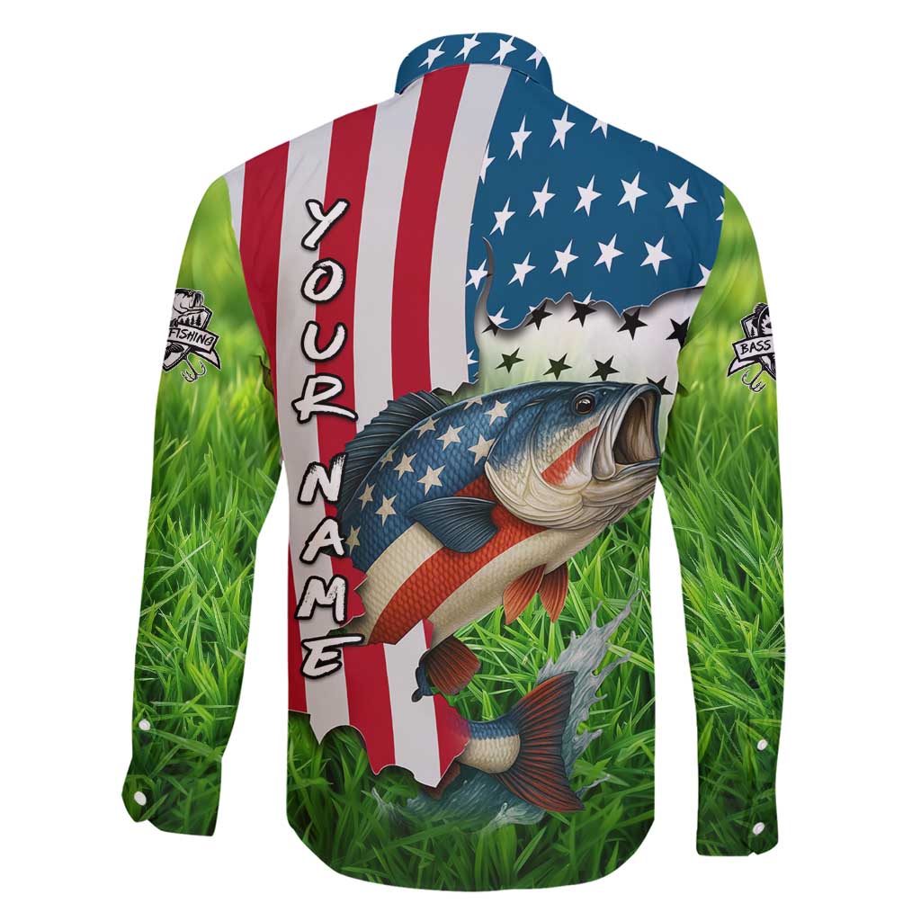 American Flag Bass Fishing Design Family Matching Short Sleeve Bodycon Dress and Hawaiian Shirt with Largemouth Bass and Green Grass Background - Wonder Print Shop