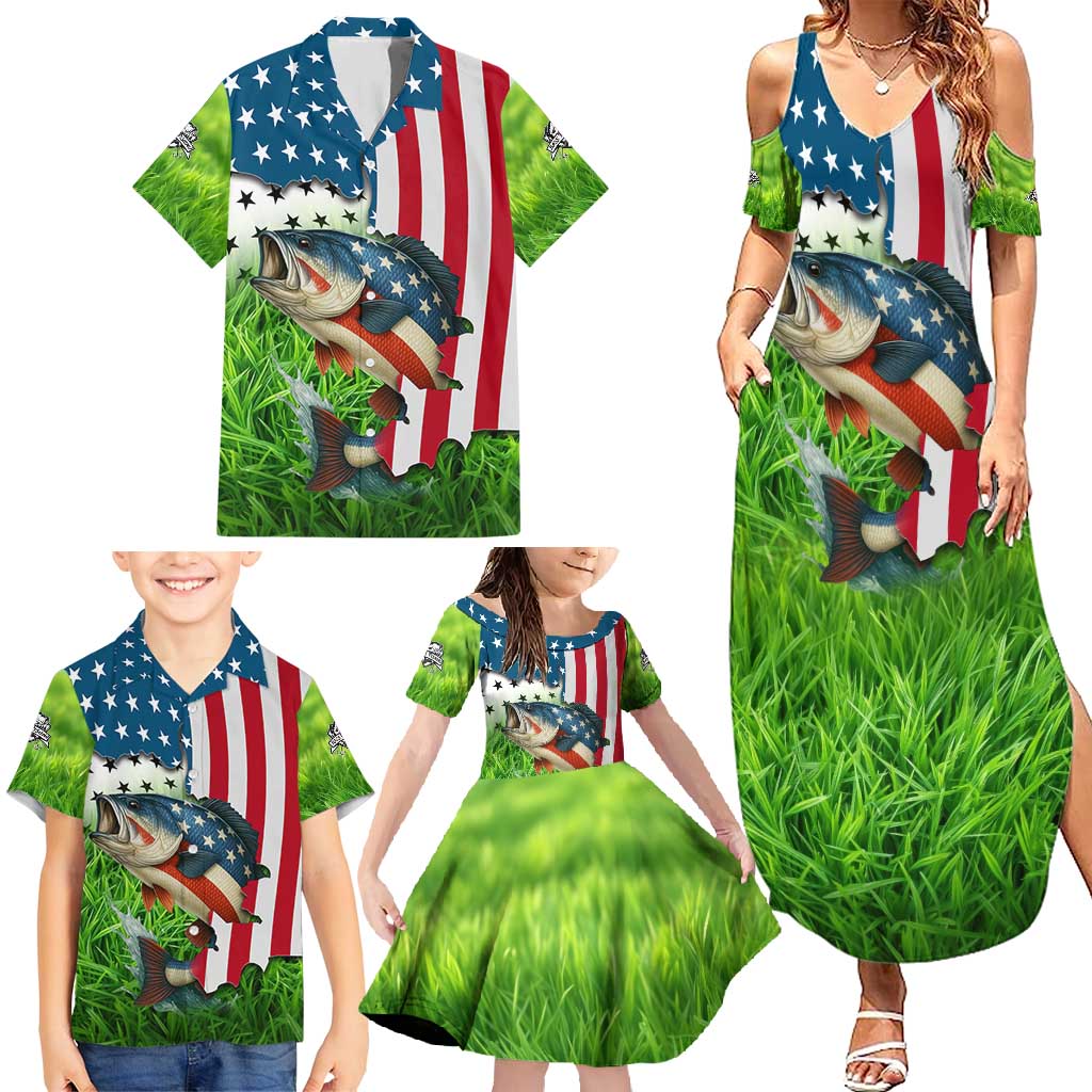 American Flag Bass Fishing Design Family Matching Summer Maxi Dress and Hawaiian Shirt with Largemouth Bass and Green Grass Background - Wonder Print Shop