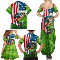 American Flag Bass Fishing Design Family Matching Summer Maxi Dress and Hawaiian Shirt with Largemouth Bass and Green Grass Background - Wonder Print Shop
