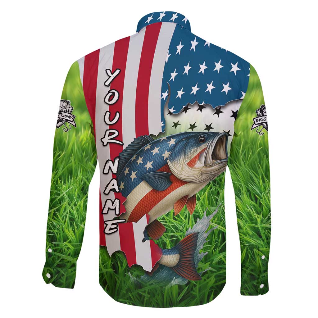 American Flag Bass Fishing Design Family Matching Summer Maxi Dress and Hawaiian Shirt with Largemouth Bass and Green Grass Background - Wonder Print Shop