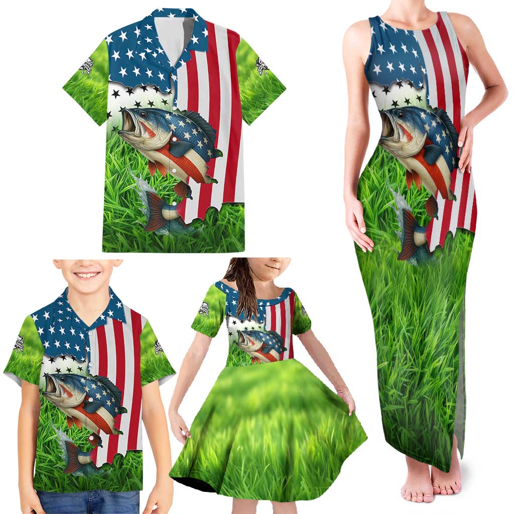 American Flag Bass Fishing Design Family Matching Tank Maxi Dress and Hawaiian Shirt with Largemouth Bass and Green Grass Background - Wonder Print Shop