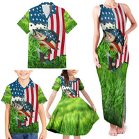 American Flag Bass Fishing Design Family Matching Tank Maxi Dress and Hawaiian Shirt with Largemouth Bass and Green Grass Background - Wonder Print Shop