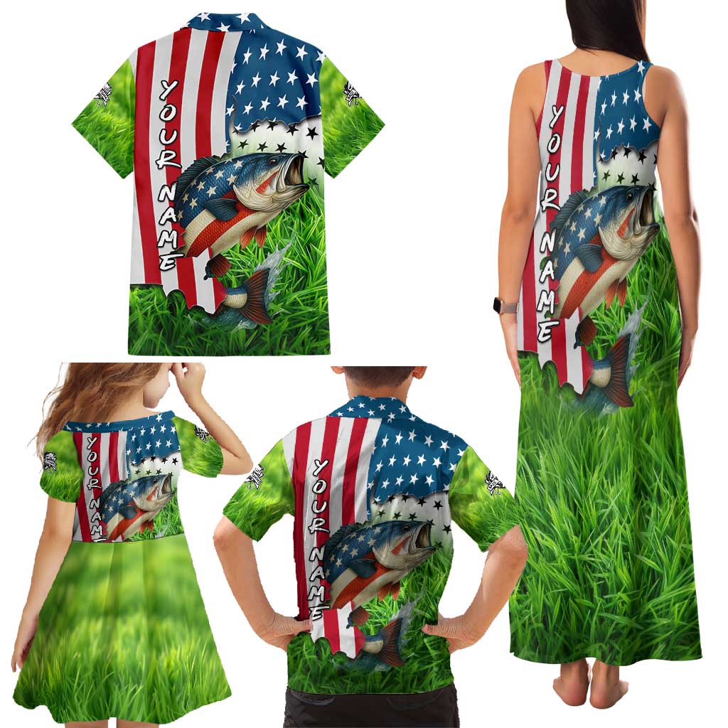 American Flag Bass Fishing Design Family Matching Tank Maxi Dress and Hawaiian Shirt with Largemouth Bass and Green Grass Background - Wonder Print Shop