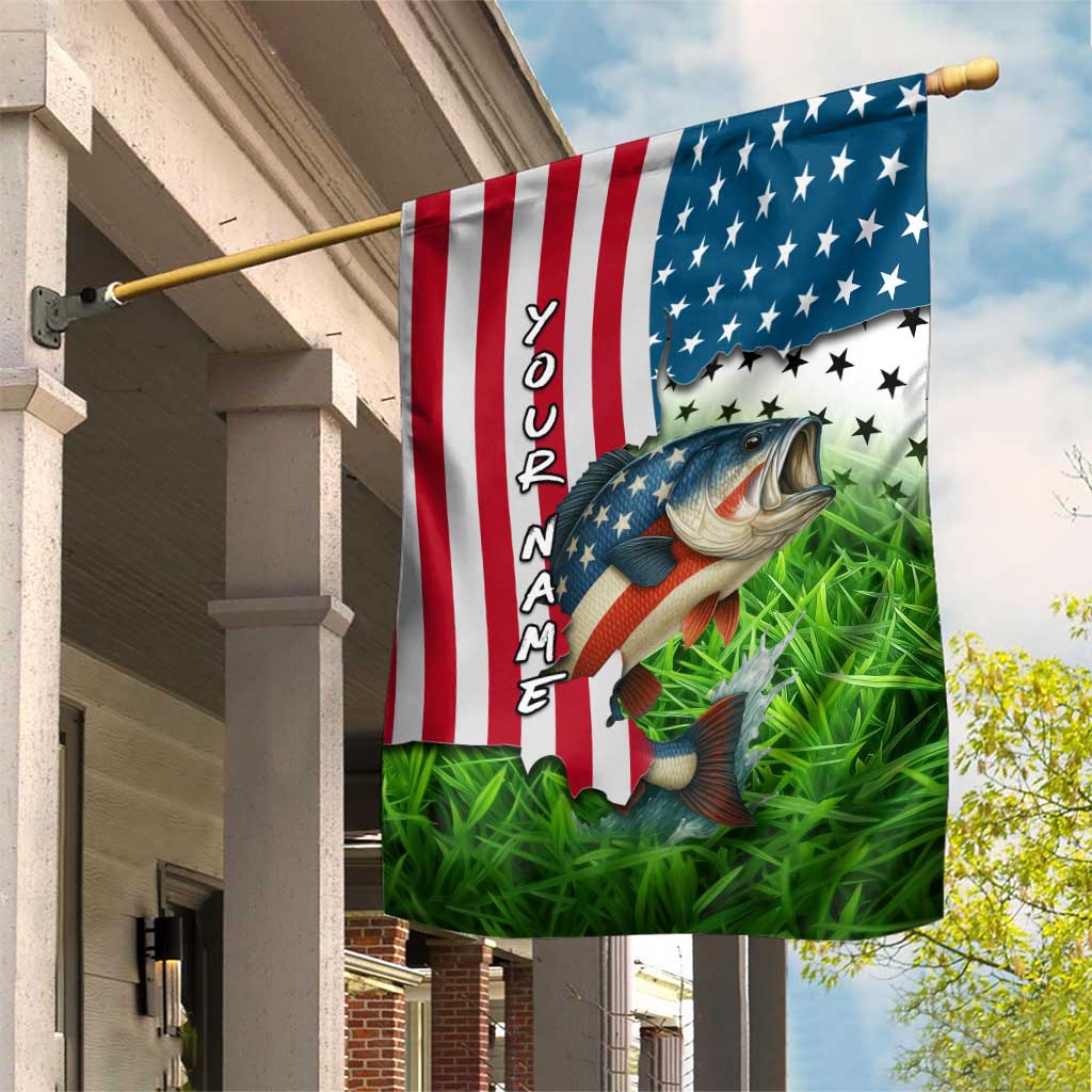 American Flag Bass Fishing Design Garden Flag with Largemouth Bass and Green Grass Background - Wonder Print Shop