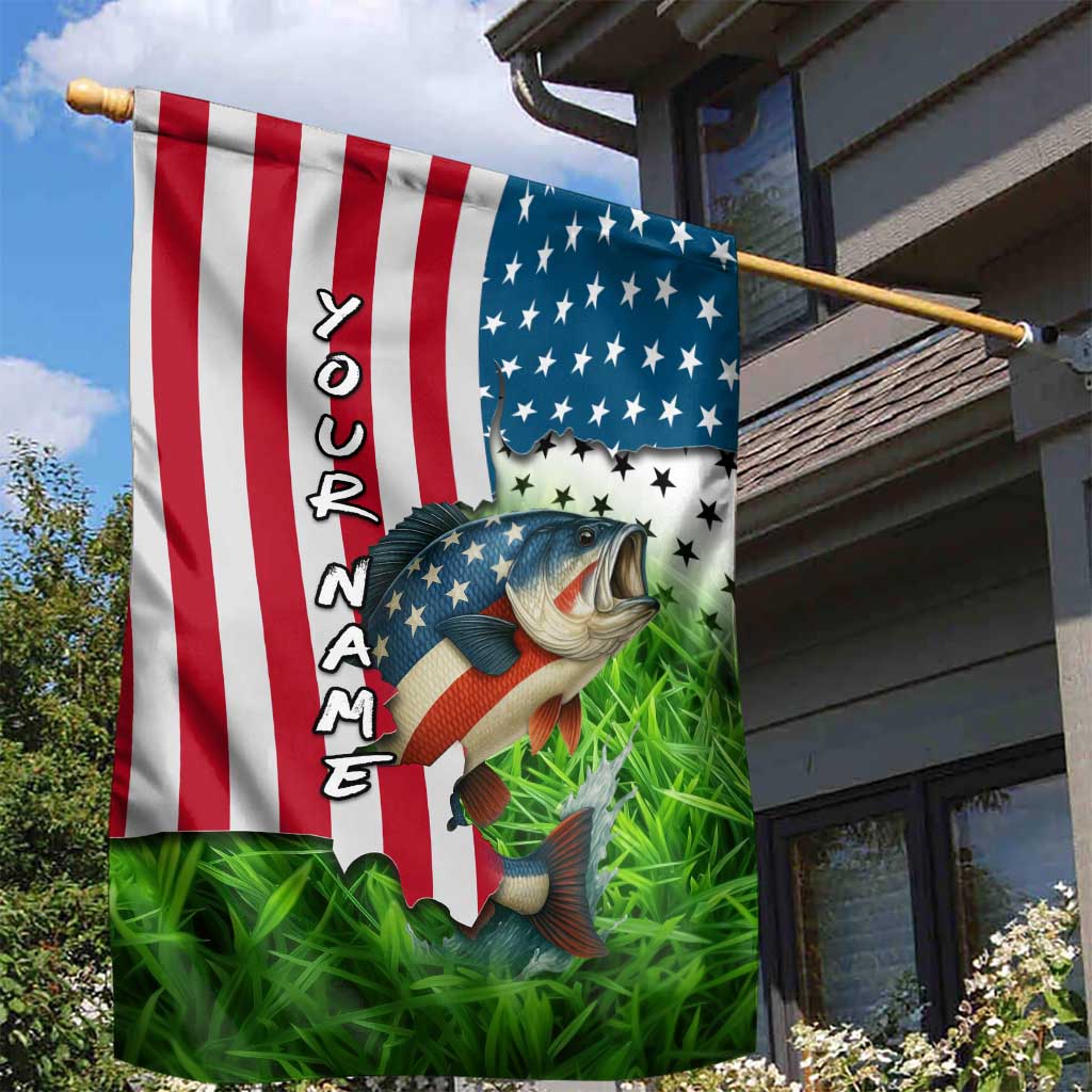American Flag Bass Fishing Design Garden Flag with Largemouth Bass and Green Grass Background - Wonder Print Shop