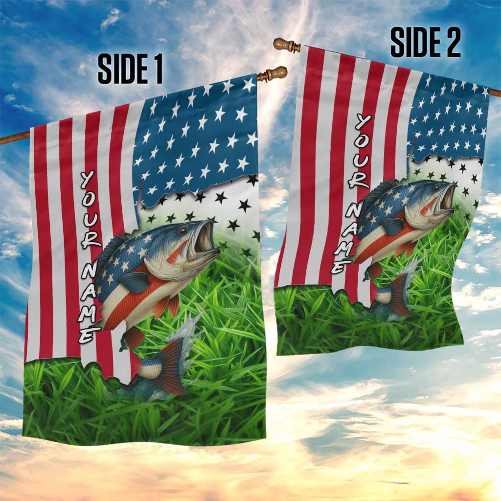 American Flag Bass Fishing Design Garden Flag with Largemouth Bass and Green Grass Background - Wonder Print Shop