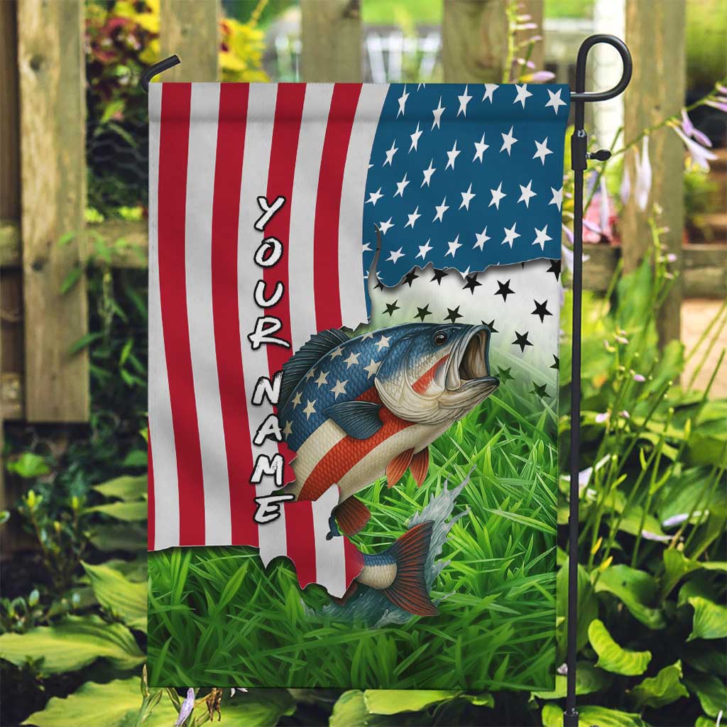 American Flag Bass Fishing Design Garden Flag with Largemouth Bass and Green Grass Background - Wonder Print Shop