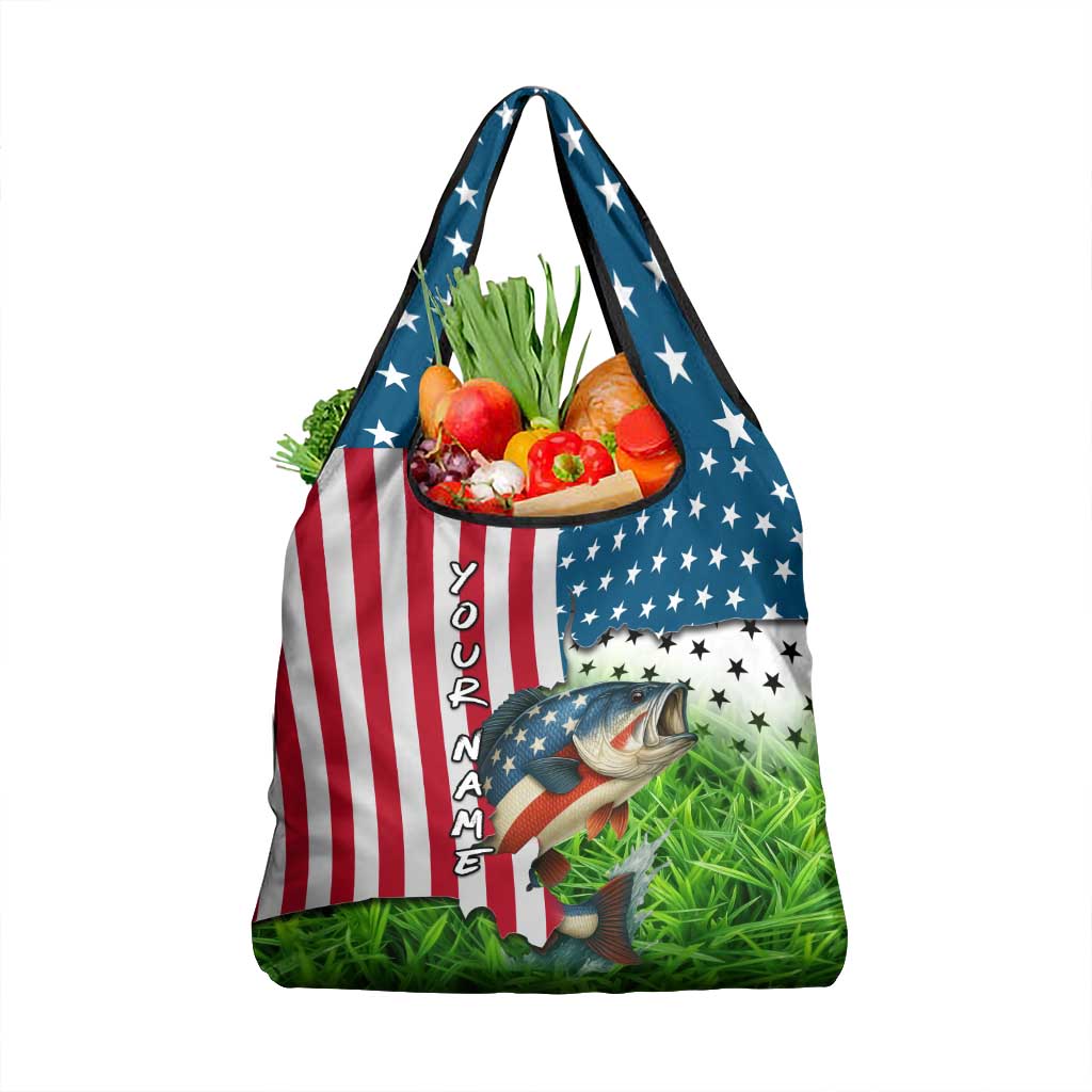 American Flag Bass Fishing Design Grocery Bag with Largemouth Bass and Green Grass Background - Wonder Print Shop
