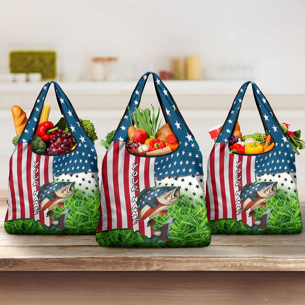 American Flag Bass Fishing Design Grocery Bag with Largemouth Bass and Green Grass Background - Wonder Print Shop