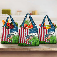 American Flag Bass Fishing Design Grocery Bag with Largemouth Bass and Green Grass Background - Wonder Print Shop