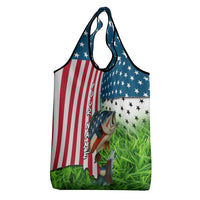 American Flag Bass Fishing Design Grocery Bag with Largemouth Bass and Green Grass Background - Wonder Print Shop