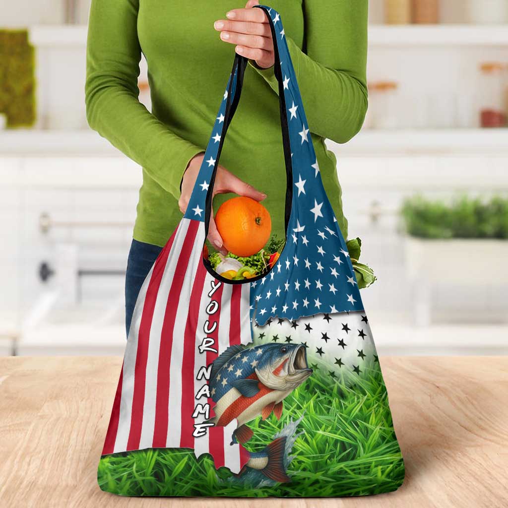 American Flag Bass Fishing Design Grocery Bag with Largemouth Bass and Green Grass Background - Wonder Print Shop