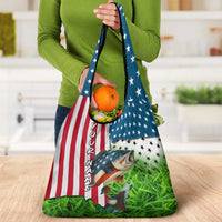 American Flag Bass Fishing Design Grocery Bag with Largemouth Bass and Green Grass Background - Wonder Print Shop