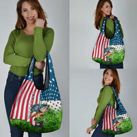 American Flag Bass Fishing Design Grocery Bag with Largemouth Bass and Green Grass Background - Wonder Print Shop