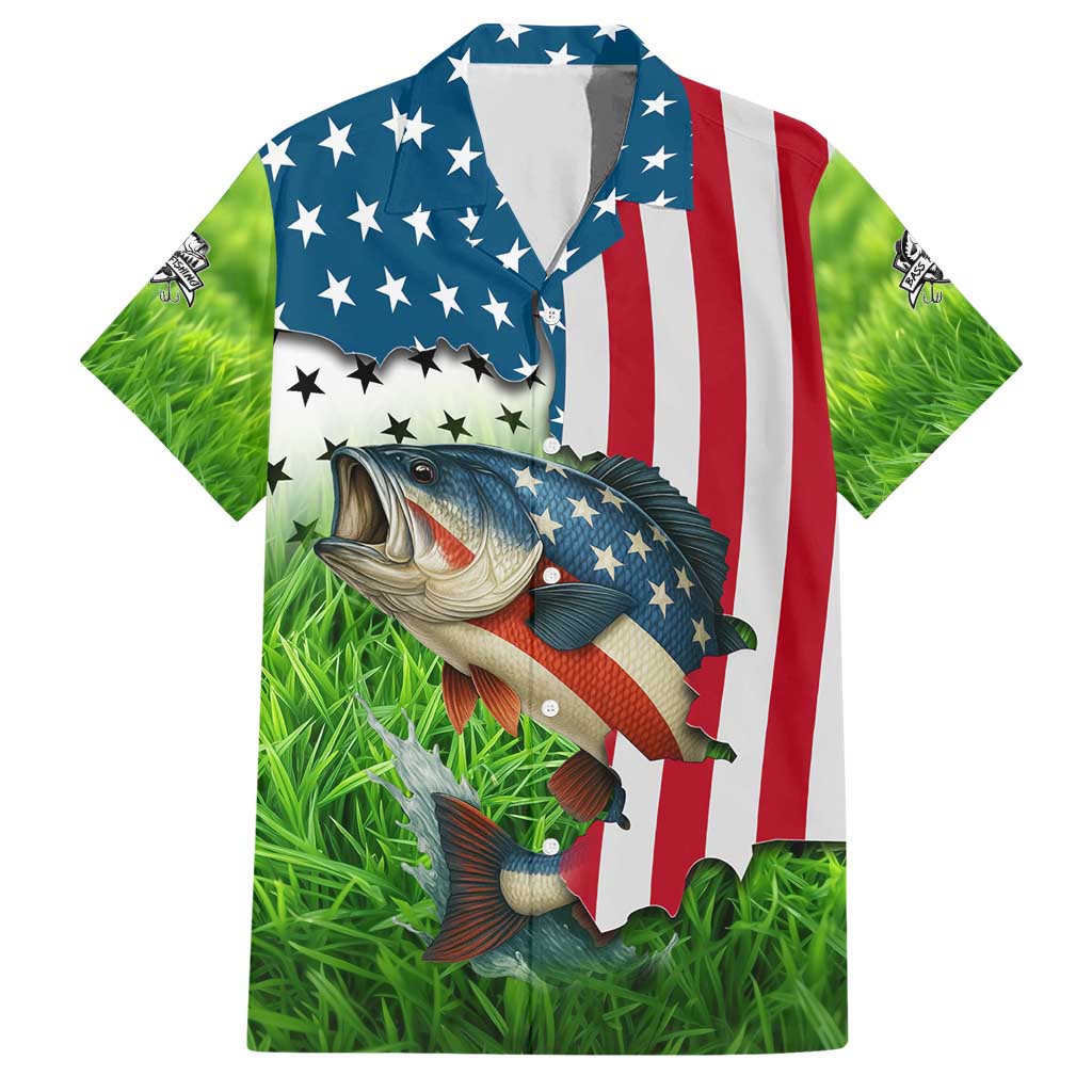 American Flag Bass Fishing Design Hawaiian Shirt with Largemouth Bass and Green Grass Background - Wonder Print Shop