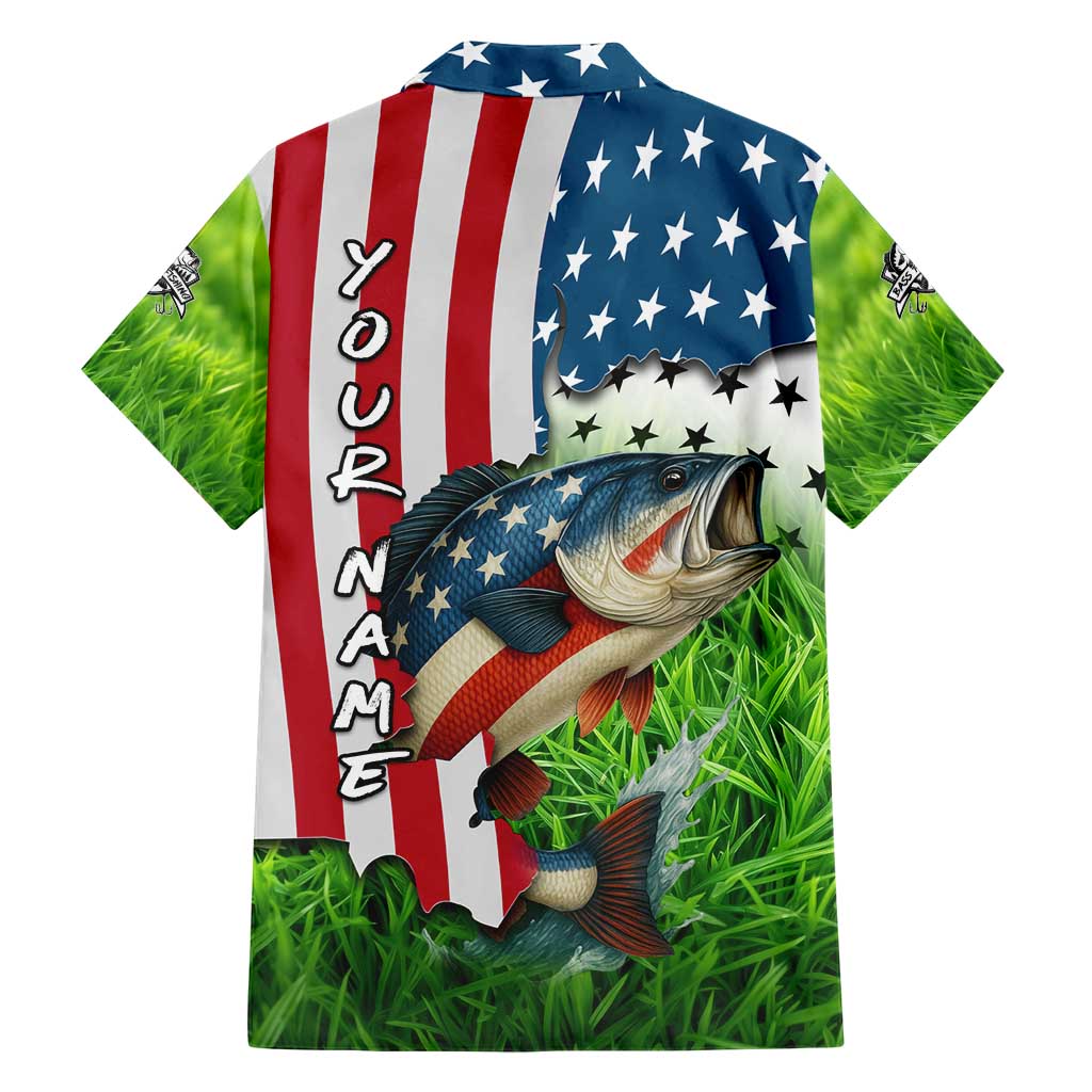 American Flag Bass Fishing Design Hawaiian Shirt with Largemouth Bass and Green Grass Background - Wonder Print Shop