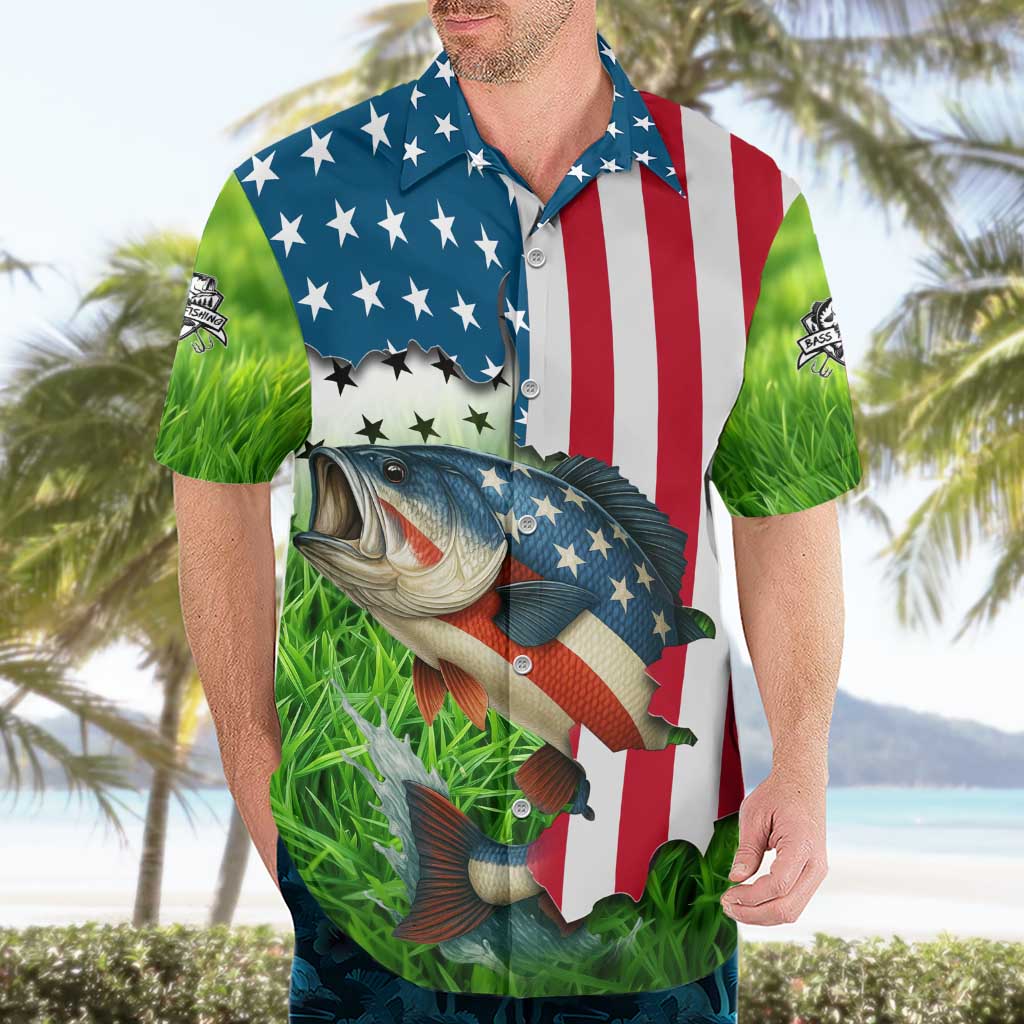 American Flag Bass Fishing Design Hawaiian Shirt with Largemouth Bass and Green Grass Background - Wonder Print Shop