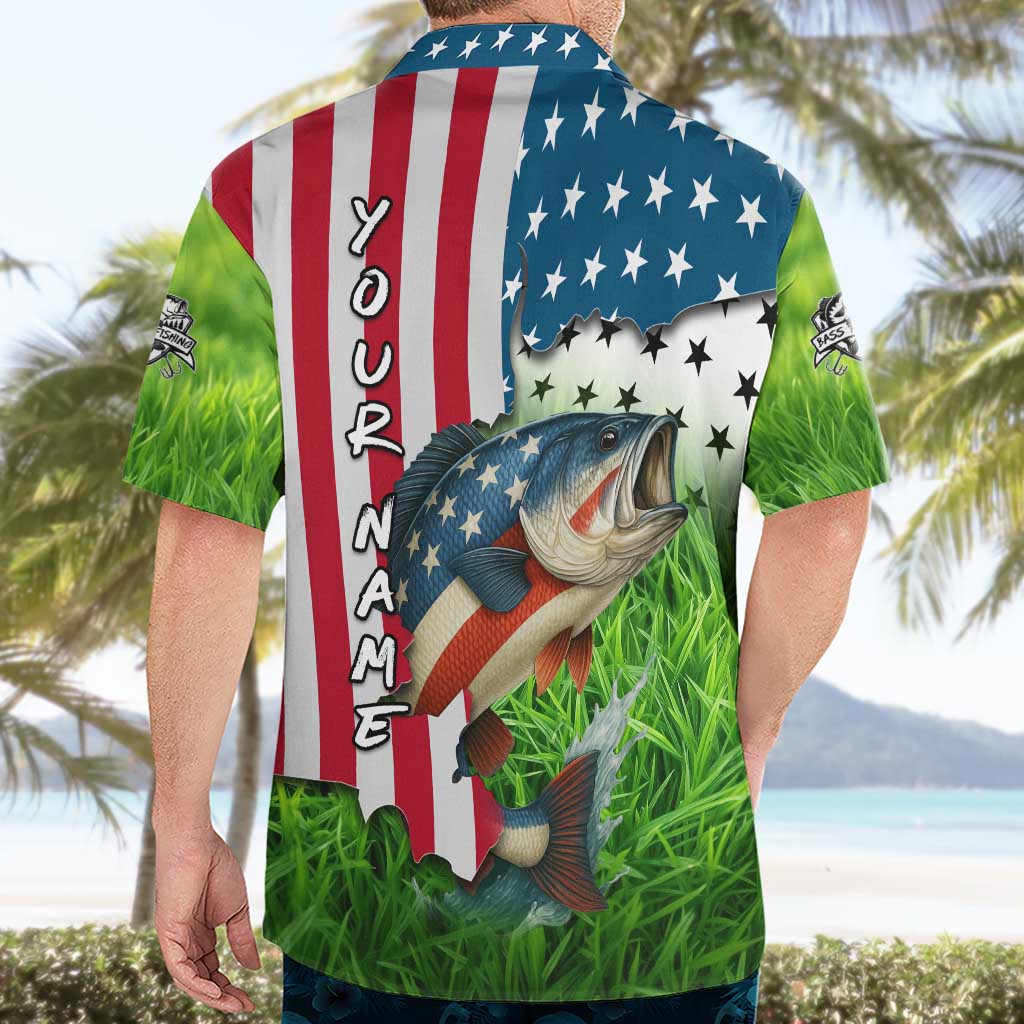 American Flag Bass Fishing Design Hawaiian Shirt with Largemouth Bass and Green Grass Background - Wonder Print Shop