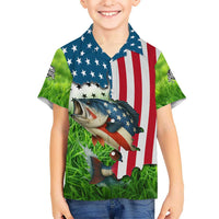 American Flag Bass Fishing Design Hawaiian Shirt with Largemouth Bass and Green Grass Background - Wonder Print Shop