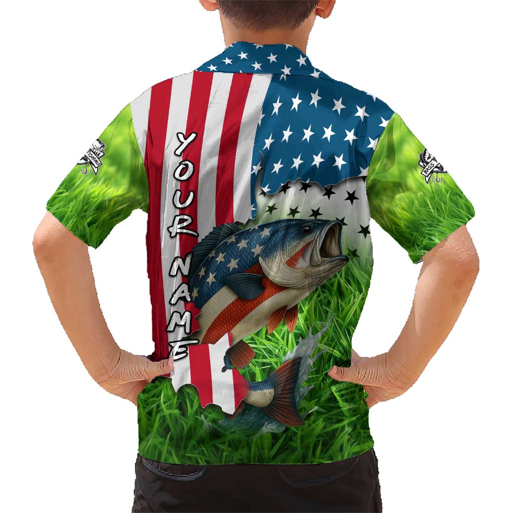 American Flag Bass Fishing Design Hawaiian Shirt with Largemouth Bass and Green Grass Background - Wonder Print Shop
