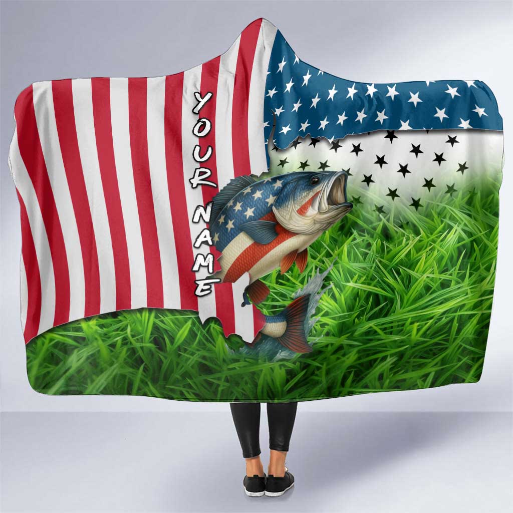 American Flag Bass Fishing Design Hooded Blanket with Largemouth Bass and Green Grass Background - Wonder Print Shop