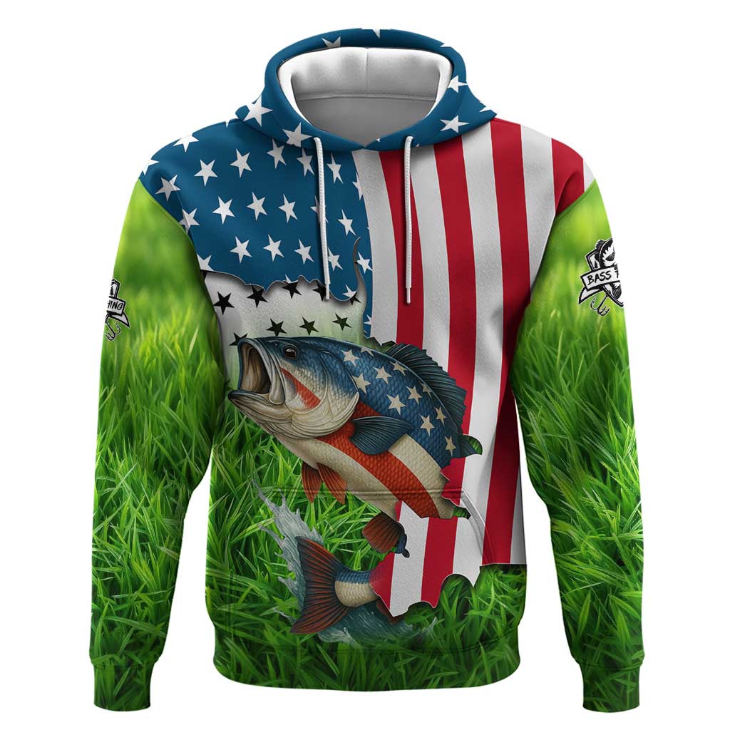 American Flag Bass Fishing Design Hoodie with Largemouth Bass and Green Grass Background - Wonder Print Shop