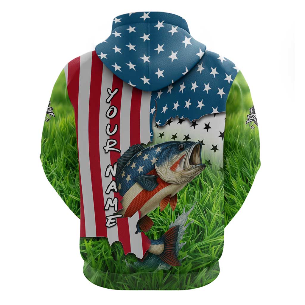 American Flag Bass Fishing Design Hoodie with Largemouth Bass and Green Grass Background - Wonder Print Shop