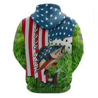 American Flag Bass Fishing Design Hoodie with Largemouth Bass and Green Grass Background - Wonder Print Shop