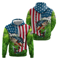 American Flag Bass Fishing Design Hoodie with Largemouth Bass and Green Grass Background - Wonder Print Shop