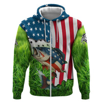 American Flag Bass Fishing Design Hoodie with Largemouth Bass and Green Grass Background - Wonder Print Shop