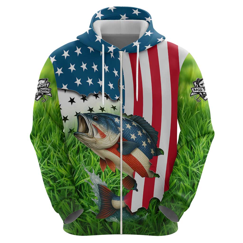 American Flag Bass Fishing Design Hoodie with Largemouth Bass and Green Grass Background - Wonder Print Shop