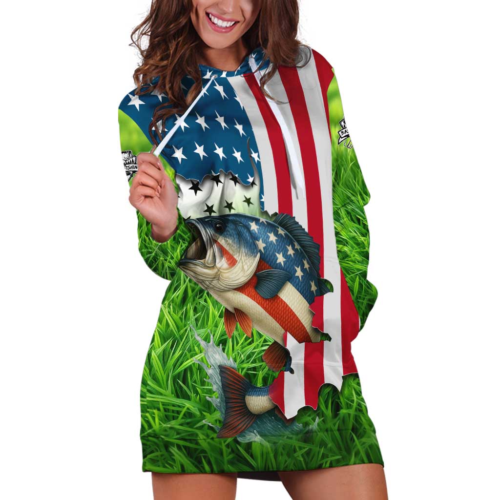 American Flag Bass Fishing Design Hoodie Dress with Largemouth Bass and Green Grass Background - Wonder Print Shop