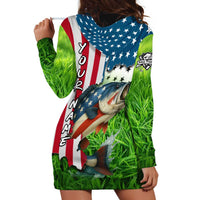 American Flag Bass Fishing Design Hoodie Dress with Largemouth Bass and Green Grass Background - Wonder Print Shop