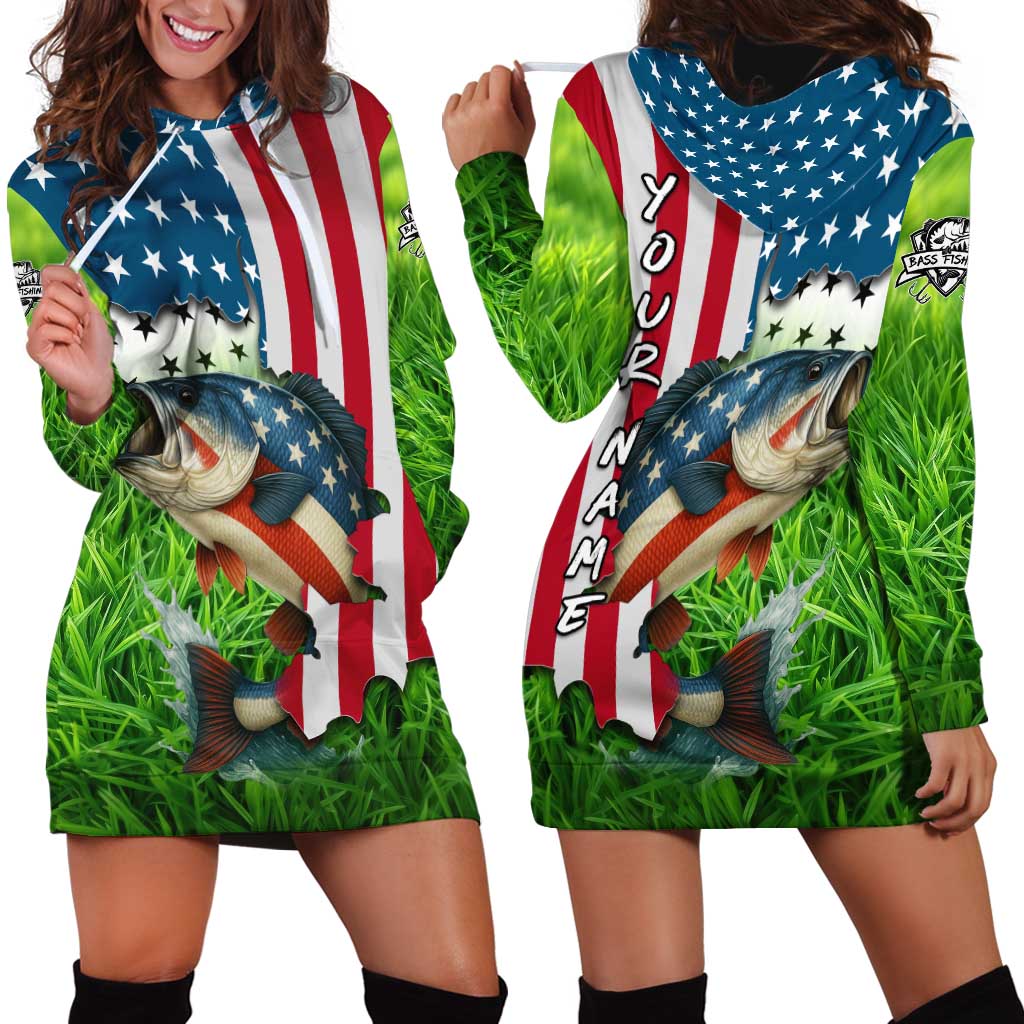 American Flag Bass Fishing Design Hoodie Dress with Largemouth Bass and Green Grass Background - Wonder Print Shop