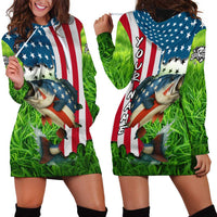 American Flag Bass Fishing Design Hoodie Dress with Largemouth Bass and Green Grass Background - Wonder Print Shop