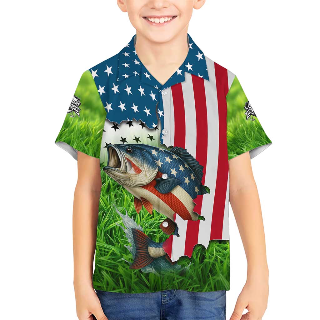 American Flag Bass Fishing Design Kid Hawaiian Shirt with Largemouth Bass and Green Grass Background - Wonder Print Shop