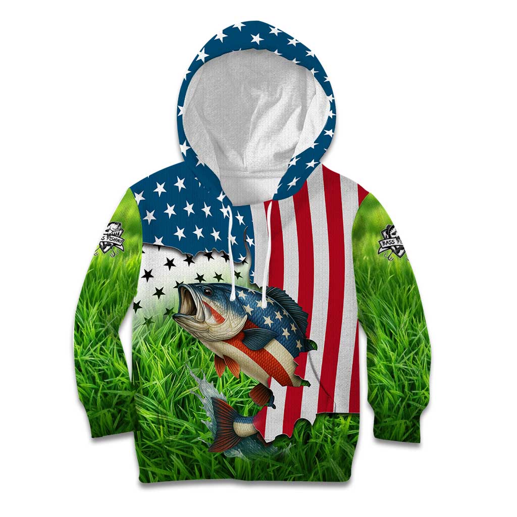 American Flag Bass Fishing Design Kid Hoodie with Largemouth Bass and Green Grass Background - Wonder Print Shop