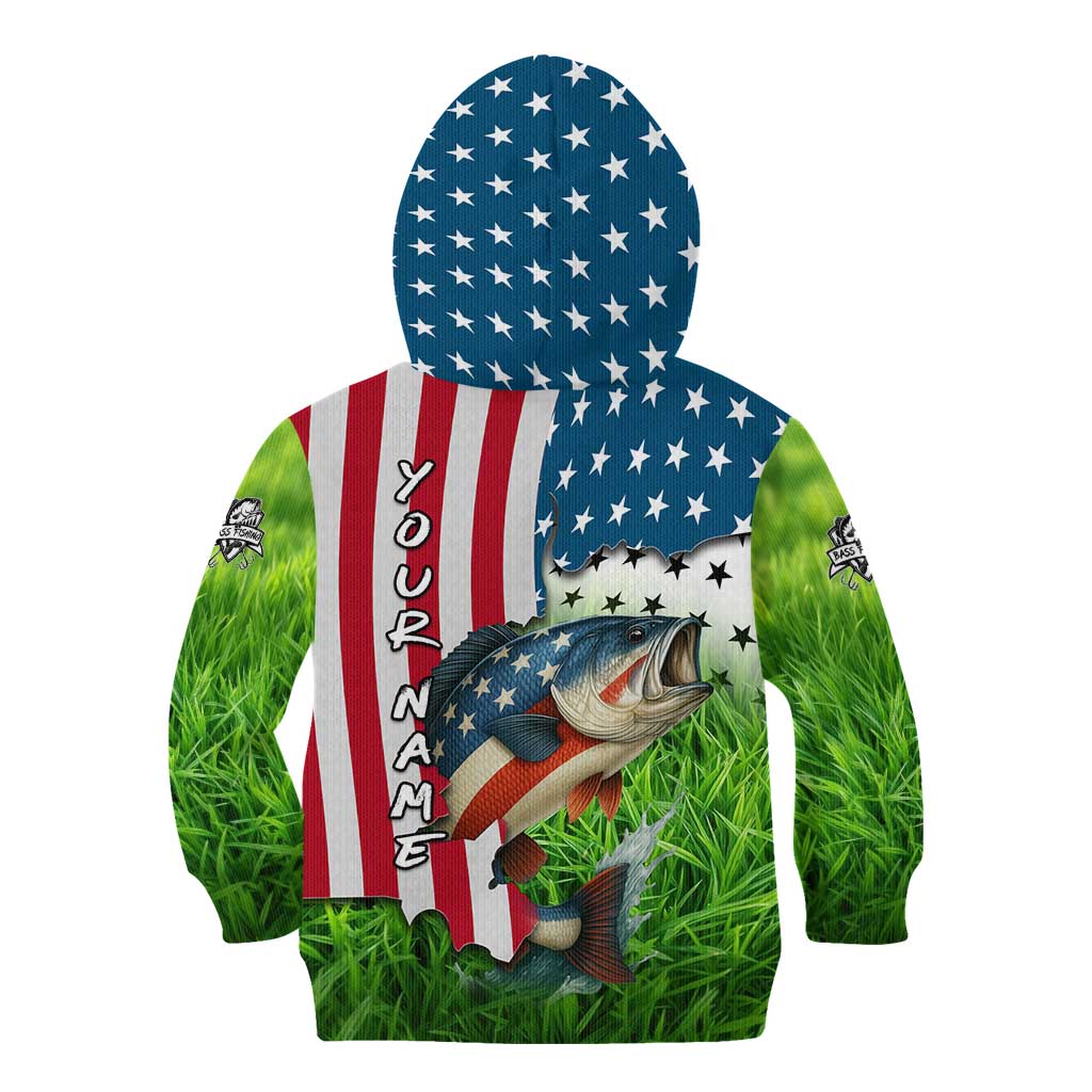 American Flag Bass Fishing Design Kid Hoodie with Largemouth Bass and Green Grass Background - Wonder Print Shop
