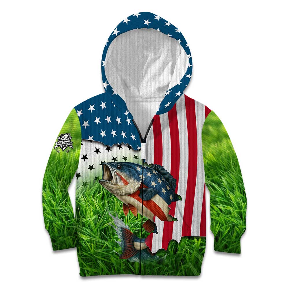 American Flag Bass Fishing Design Kid Hoodie with Largemouth Bass and Green Grass Background - Wonder Print Shop