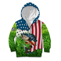 American Flag Bass Fishing Design Kid Hoodie with Largemouth Bass and Green Grass Background - Wonder Print Shop