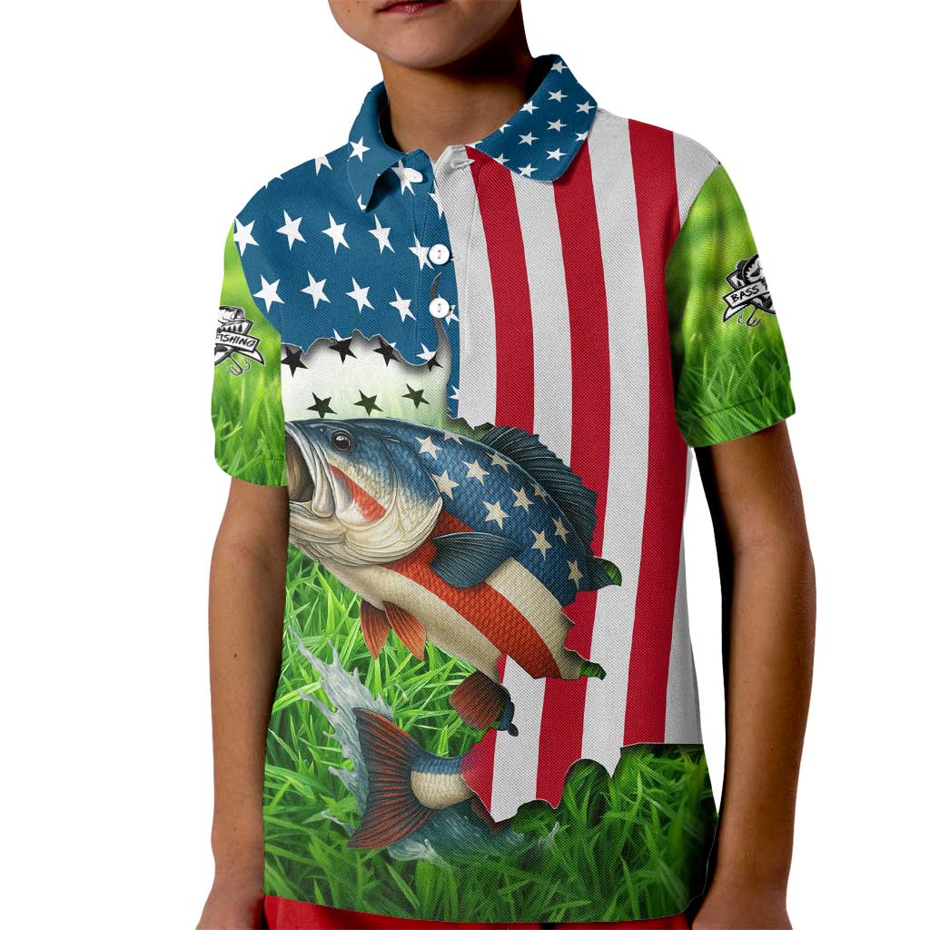 American Flag Bass Fishing Design Kid Polo Shirt with Largemouth Bass and Green Grass Background - Wonder Print Shop