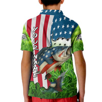 American Flag Bass Fishing Design Kid Polo Shirt with Largemouth Bass and Green Grass Background - Wonder Print Shop