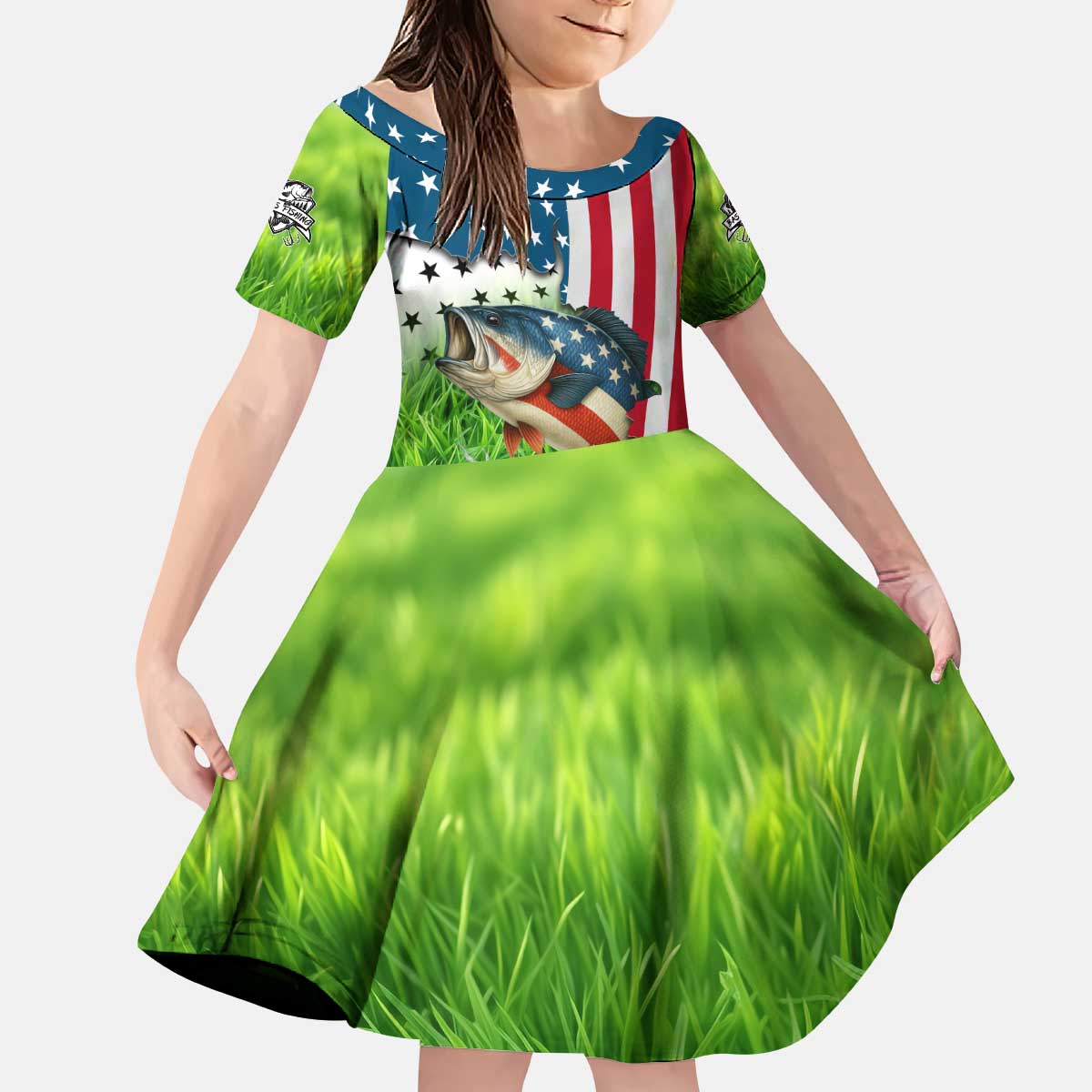 American Flag Bass Fishing Design Kid Short Sleeve Dress with Largemouth Bass and Green Grass Background - Wonder Print Shop