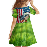 American Flag Bass Fishing Design Kid Short Sleeve Dress with Largemouth Bass and Green Grass Background - Wonder Print Shop
