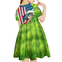 American Flag Bass Fishing Design Kid Short Sleeve Dress with Largemouth Bass and Green Grass Background - Wonder Print Shop