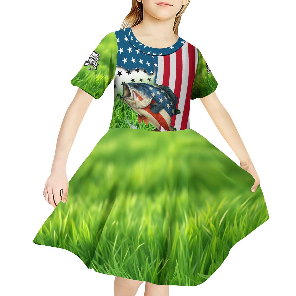 American Flag Bass Fishing Design Kid Short Sleeve Dress with Largemouth Bass and Green Grass Background - Wonder Print Shop