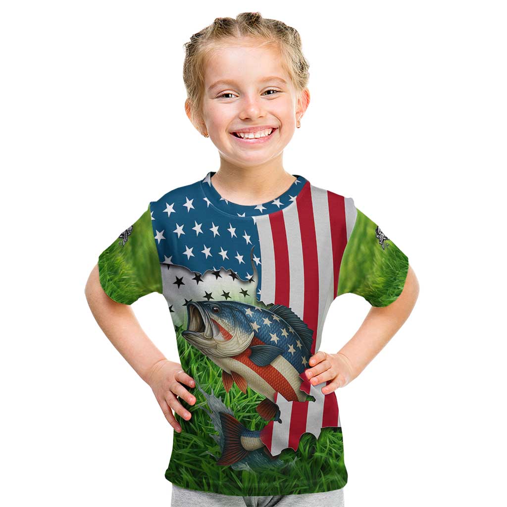 American Flag Bass Fishing Design Kid T Shirt with Largemouth Bass and Green Grass Background - Wonder Print Shop