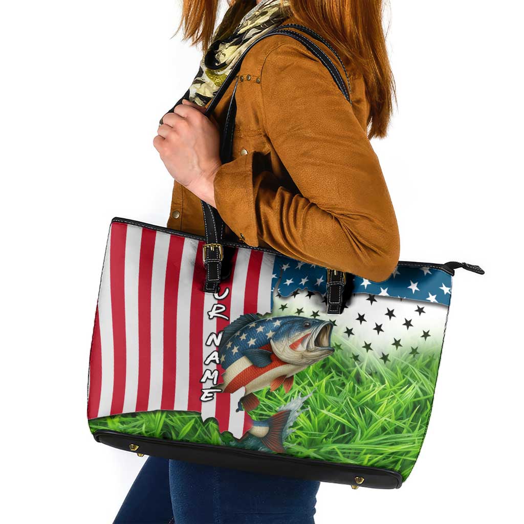 American Flag Bass Fishing Design Leather Tote Bag with Largemouth Bass and Green Grass Background - Wonder Print Shop